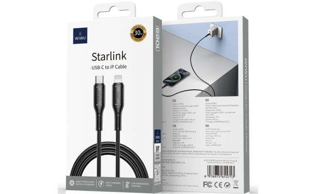 WiWU Wi-C04ЗE Starlink 30W Fast Charging Cable With USB-C to Lightning Cable, Fast Charging | Durable - Black